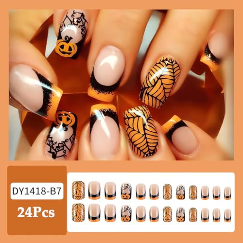 Halloween Fake Nails - Square, Black Spider Web & Pumpkin Press Ons - Style17