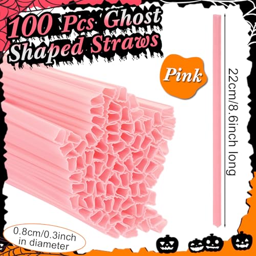 Potchen 100 Pcs Pink Halloween Ghost-Shaped Plastic Drinking Straws