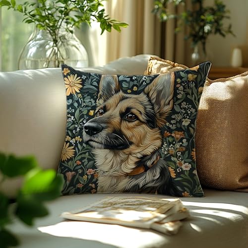 German Shepherd Dog Floral Decor Pillow Cover 18x18 - Rustic Botanical Home Accent