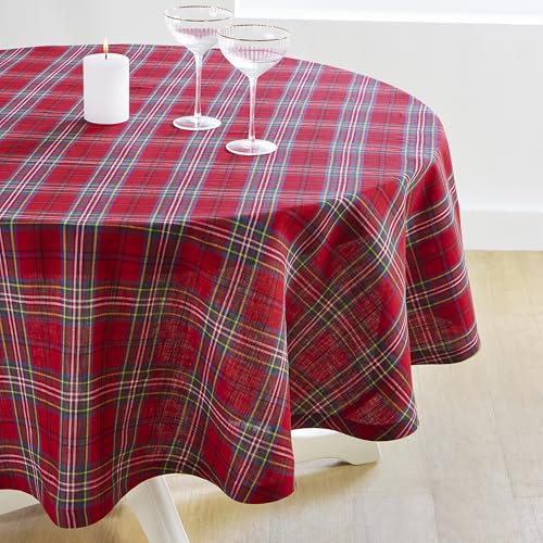 Round Linen Tablecloth 60 Inch Red Tartan Plaid - Classic Home Decor