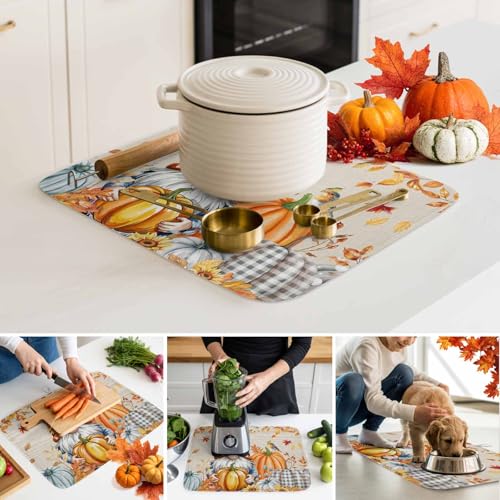 Fall Dish Drying Mat Pumpkin Orange 18x24 Inch | Absorbent Microfiber Kitchen Counter Mat
