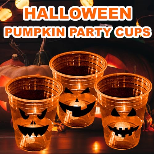 Halloween Glow Pumpkin Party Cups - 40 Pack 16oz Reusable Orange Plastic Cups with LED Lights