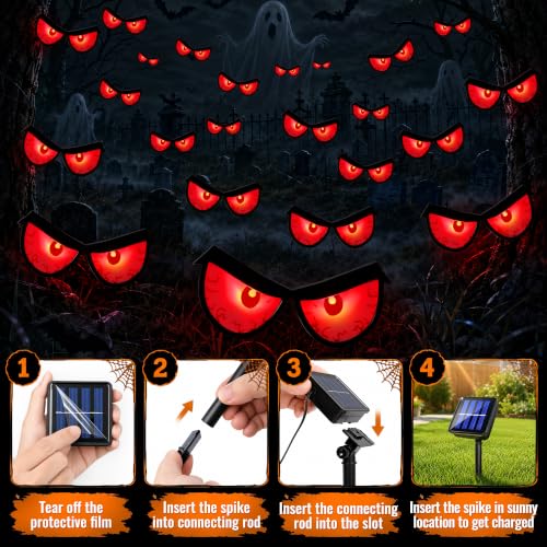 Solar Halloween Glowing Eyes Lights for Bushes & Trees - Red, 5 Pairs, Flash & Steady Modes