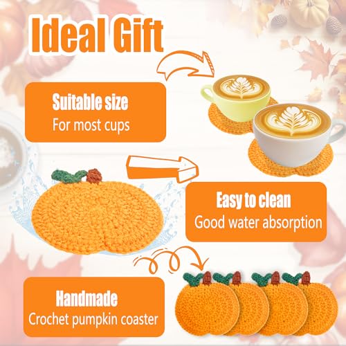 4 Pack Fall Pumpkin Crochet Coasters - Handmade Autumn Drink Mats for Table Decor