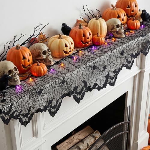Halloween Cobweb Mantel Scarf Cover with Bat Design - Black 4, 18x96 in