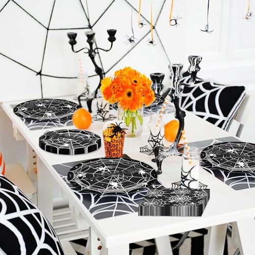 Halloween Spider Web Disposable Tableware Set for 24 Guests - Black & White Party Supplies
