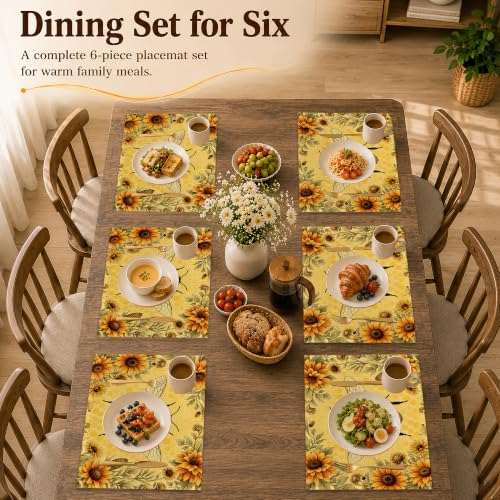 Farmhouse Bee Floral Linen Placemats Set of 6 - Waterproof Washable Table Mats