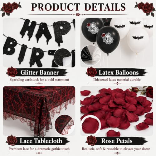 166PCS Gothic Halloween Birthday Decorations Party Supplies Set for Girls Women
