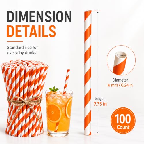 Orange Disposable Paper Straws - 100 Biodegradable Cocktail & Party Straws