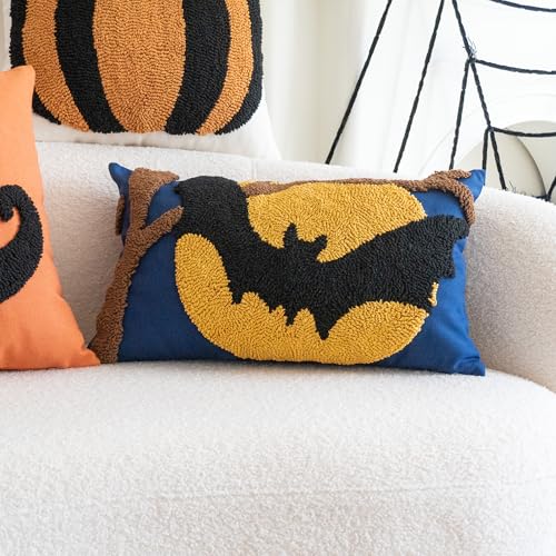 Halloween Bat Moon Tufted Throw Pillow Cover - 20x12 Inch Gothic Decorative Pillow, Pack of 1