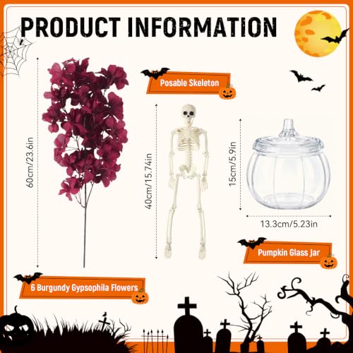Halloween Centerpiece Tray Set with Burgundy Flowers, Pumpkin Jar & Skeleton - Indoor Decor