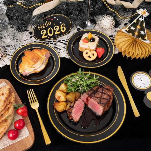 Black and Gold Disposable Dinnerware Set for 25 Guests - Plates, Cups, Silverware, Napkins - Variation of THIS listing