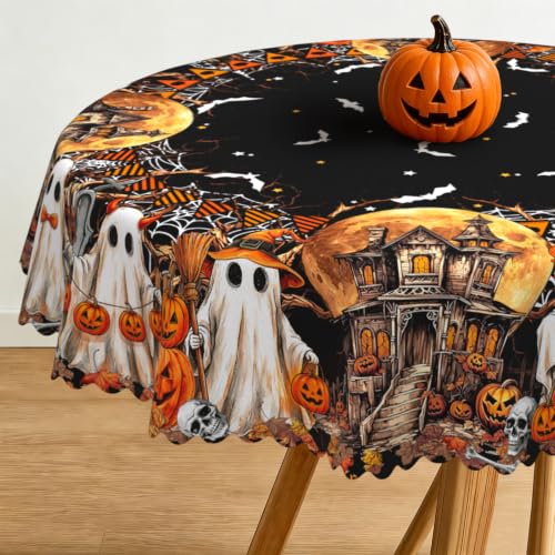 Halloween Round Tablecloth 60x60 Inch Ghost Bat Pumpkin Castle - Spooky Party Decor