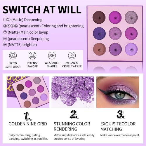 Hxssll 9-Color Purple Eyeshadow Palette - Matte, Shimmer & Glitter—Variation 02