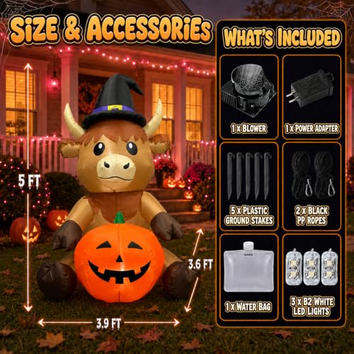 5FT Halloween Inflatable Highland Cow Holding Pumpkin - Outdoor Decorations, Cow Variant