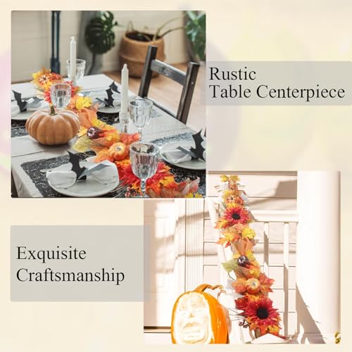 Fall Garland for Mantle - 6FT Autumn Leaves Pumpkin & Berries Garland with Ribbon - HM5594
