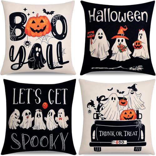 Black Ghost Halloween Throw Pillow Covers Set of 4 20x20in Spooky Gothic Linen