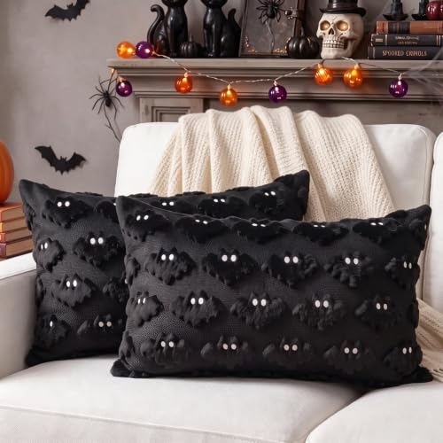 Halloween Pillow Covers 12x20 Inch Black Bat Decor Set of 2 - Variation Black1 / 20" x 12"