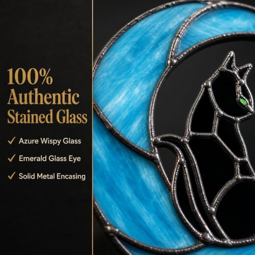 Stained Glass Black Cat Suncatcher - Blue Moon Rainbow Maker with Green Eyes Variation