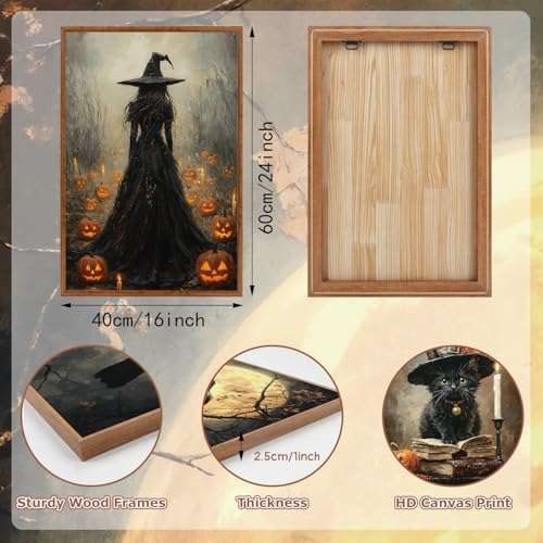 Halloween Gothic Wall Art Set - Black Cat & Witch Prints, 16x24 Inches - Dark Halloween Decoration