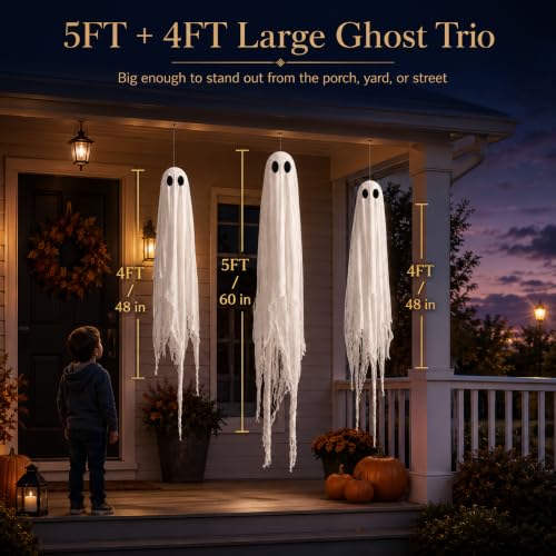 Outdoor Halloween Decorations 3 Pack Large Pre-Assembled Hanging Ghosts with Remote Timer