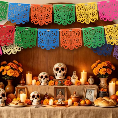 Dia De Los Muertos Decorations 4 Pack Felt Papel Picado Banners - Colorful 40 Feet