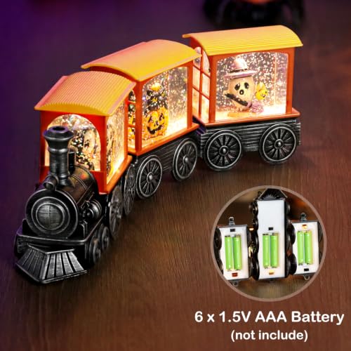 Halloween Snow Globe Lantern with Skeleton, Train Scene, Timer, Indoor Decor - Halloween Train Variation