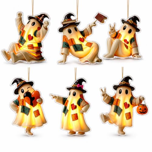 Halloween Ghost Hanging Ornaments Set - 6 Acrylic Patchwork Tree Decorations - Ghost-a-1233