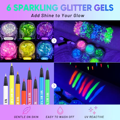 Glow in the Dark Body Face Paint & Glitter Gel Set - UV Neon Liquid Eyeliner, Waterproof & Washable - Variation 02#