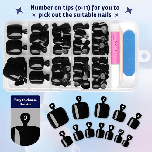 Black Short Square Press On Toenails Kit for Women - 144 Pcs with Adhesives & Nail Tools