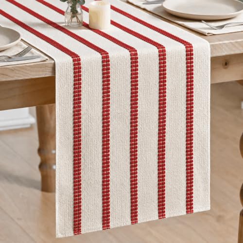 Red Farmhouse Woven Stripe Christmas Table Runner 12x120 Inch - Holiday Decor