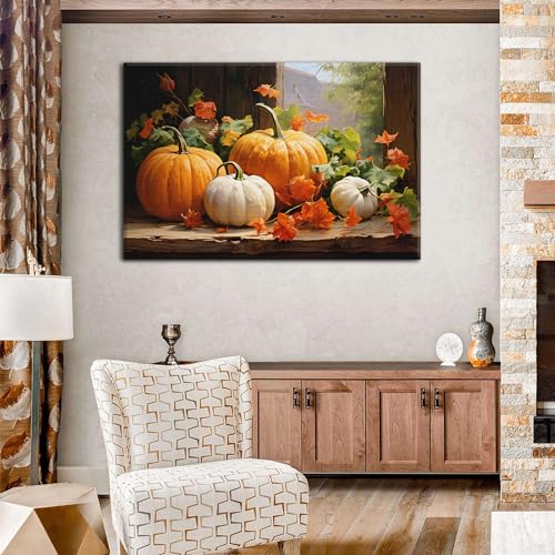 Pumpkin Canvas Wall Art - Fall Autumn Halloween Decor - 48x32 Inches - Rustic Framed Artwork for Living Room & Kitchen - Sunfrower