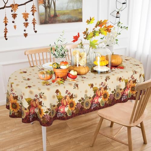 Fall Pumpkin & Leaf Oval Tablecloth 60 x 120 Inch - Autumn Decor