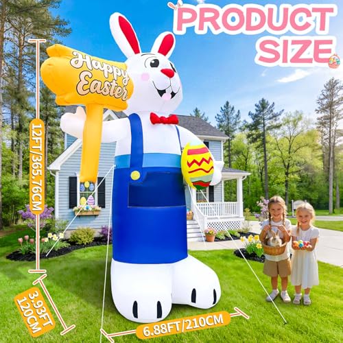 12FT Giant Easter Bunny Inflatable with LED Lights - Outdoor Yard Decoration