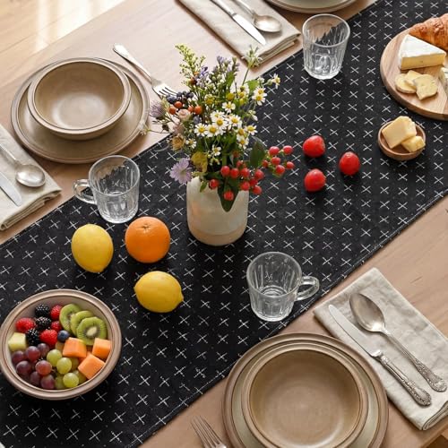 Black Cross-Star Textured Table Runner - 13x72 Inch Water-Resistant Kitchen Decor