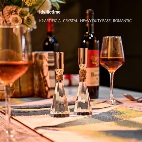 Heavy Base Crystal Candle Holders Set of 2 - Gold, Romantic Table Decor