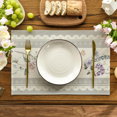 Rectangular 12 x 18 Inch Grey Floral Lace Placemats Set of 4 - Spring Summer Holiday Table Decor
