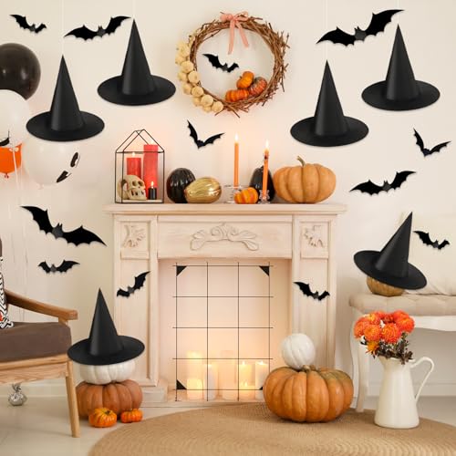 Halloween Witch Hat Set with 3D Bat Stickers - Indoor Outdoor Decorations, 24 Pieces