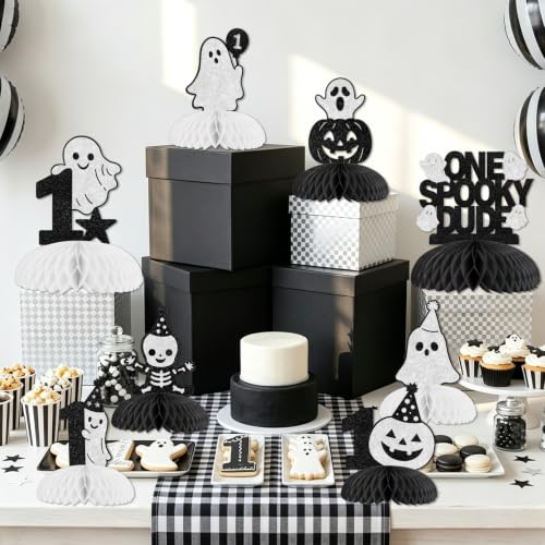 Halloween First Birthday Party Decor - Black Silver Honeycomb Centerpieces - Spooky Dude Theme - Variation: Black White