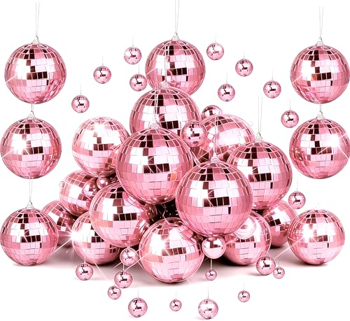 Pink Mini Disco Mirror Ball Ornaments - 37 Pcs Party & Christmas Decor