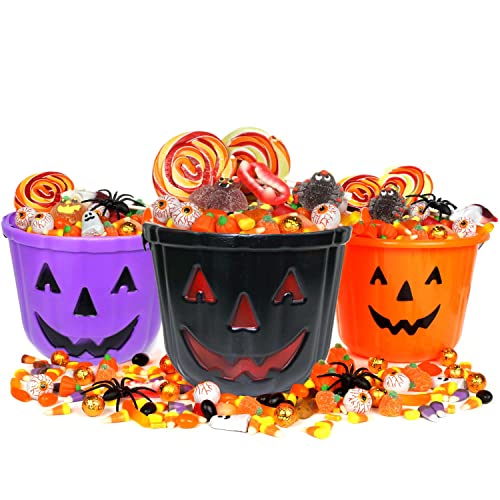 Halloween Trick or Treat Buckets 3 Pack - Jack O Lantern Candy Baskets for Kids