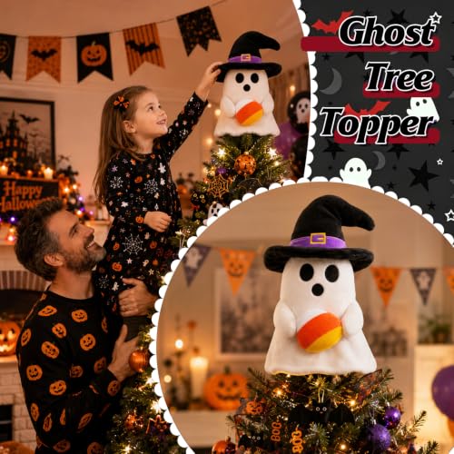 11-Inch Halloween Ghost Tree Topper with Witch Hat and Candy Corns
