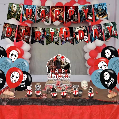 Friday The 13th Horror Party Supplies Set with Banner Cake Toppers Balloons for Killer Theme Celebration