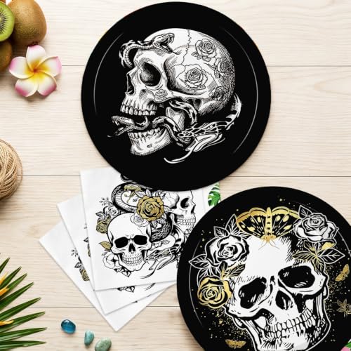 Black Skull Party Plates and Napkins Set for 20 Guests Dia De Los Muertos Halloween