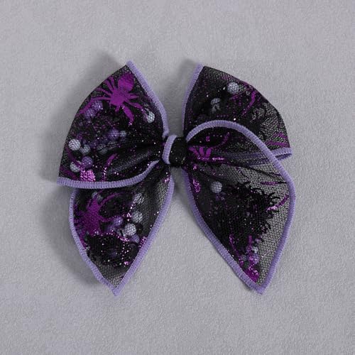 Halloween Spider Shaker Hair Clips - Black & Purple Mesh Bow with Alligator Clips - Variation D