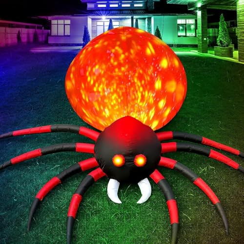 10FT Inflatable Spider Halloween Yard Decor with Rotating LED Flame and Stabilizing Accessories - Outdoor Garden Lawn Ghost Prop
