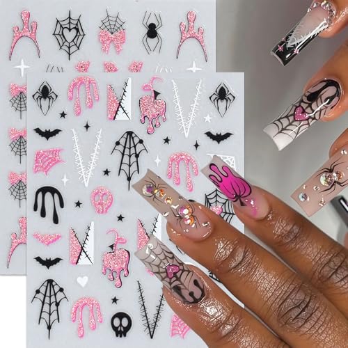 Halloween Nail Art Stickers - Pink Glitter Pumpkin Ghost Spider Web Bat Design - Bat Variation