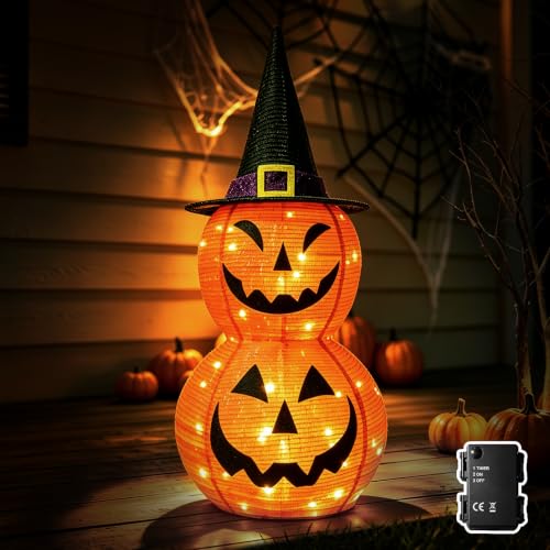 Halloween Lighted Jack‑O'‑Lantern Pumpkin with Witch Hat - Collapsible LED Decor