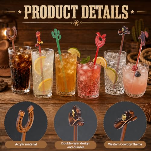 Cowboy Cocktail Stir Sticks 30 Pcs Western Rodeo Party Drink Picks - Rustic Acrylic