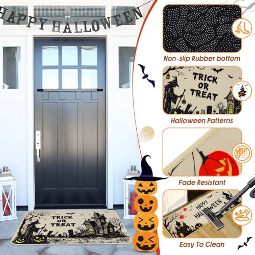 Halloween Kitchen Rugs Set of 2 - Spooky Witch Pumpkin Bat Doormat Non-Slip Entrance Mats